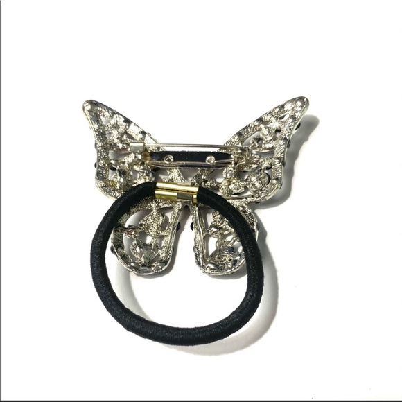 Ponytail Holder Brooch Black Rhinestones 2 In 1 Butterfly - Picture 2 of 2